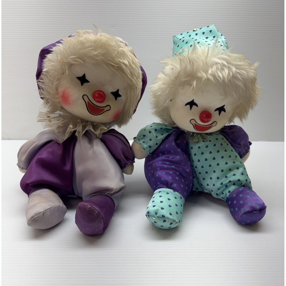 Lot of 2 Vintage Wind-Up Musical Clown Dolls w/ Starry Eyes – 8" Moving Heads